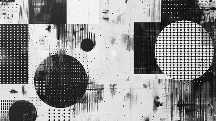 Modern black and white halftone dot art with abstract design and textures
