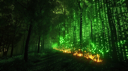 Digital wildfire, spreading fires of green matrix code over a dark forest