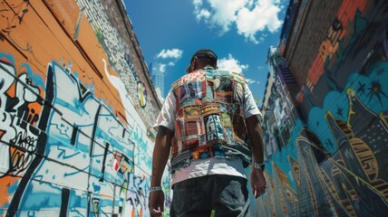 Artist in a patchwork vest against a graffiti wall, art district,