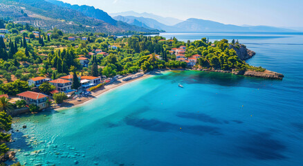 Aerial view of a beach in Greece, with turquoise water and lush greenery surrounding it, showcasing...