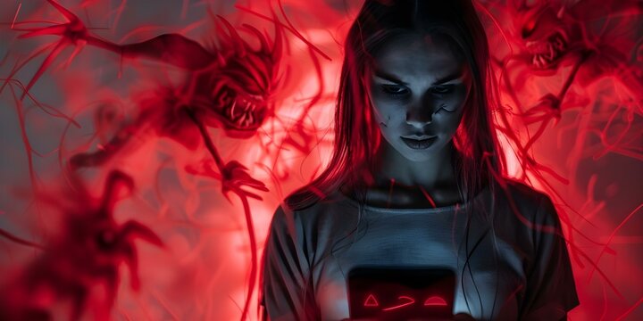 Woman scared by messages on phone surrounded by monsters in red light. Concept Horror Photography, Spooky Concept, Fearful Expressions, Paranormal Images, Dark Aesthetic