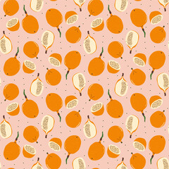 Granadilla half and whole fruit seamless pattern. Tropical fruits and leaves endless background. Yellow passion fruit repeat cover. Exotic sweet grenadia loop ornament. Vector illustration.