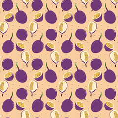 Passion fruit half and whole seamless pattern. Tropical fruits food endless background. Healthy snack repeat cover. Exotic vitamin loop ornament. Vector hand drawn illustration.