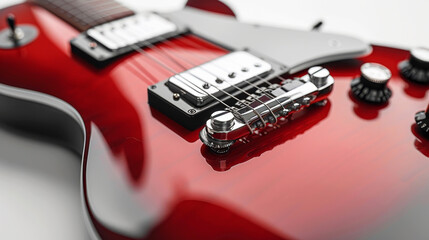 Close-up view of a red electric guitar isolated on a white background