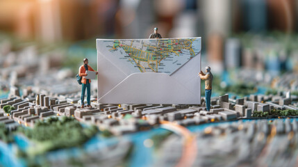 miniature people navigate a mail through GPS city map of the USA, their tiny figures holding a massive white envelope