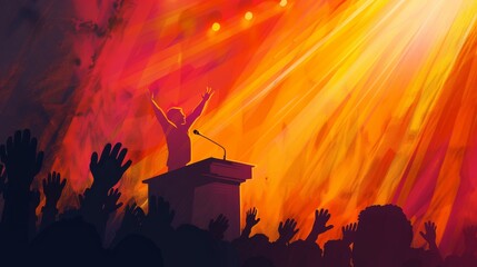 Triumphant Speaker at Podium Engages Silhouetted Crowd Under Dramatic Spotlight