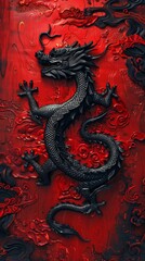 Obraz premium Intricate Chinese Dragon Woodwork Art on Red Background Generative AI