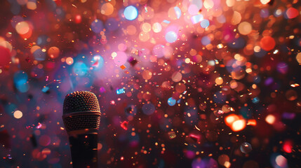 Dynamic stage atmosphere with microphone and colorful confetti, ideal for vibrant music events