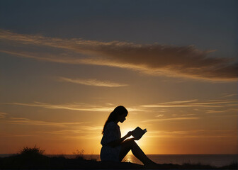 Obraz premium silhouette of a person reading on the beach at sunset in summer