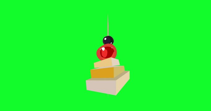 Meat, vegetables, cheese and fish snacks chopped on skewer. Isolated cartoon icon appetizer food on green screen chroma key. Buffet products served on sticks. Fast Food. 4K motion graphic animation