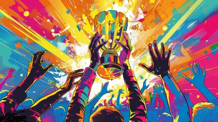 Vibrant Comic Book Style Superhero Trophy Triumph Illustration