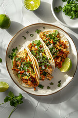 Overhead view of delicious seasoned Mexican chicken tacos on a plate with cilantro and limes on a modern plaster table background with sunlight, food recipe concept, Generative AI