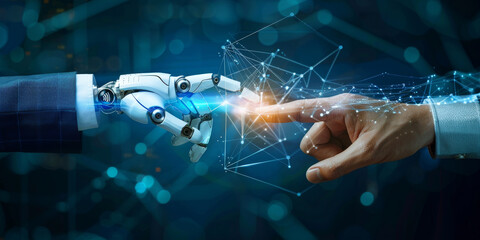 Human hand and robotic arm in a symbolic touch, representing technological partnership and innovation in business