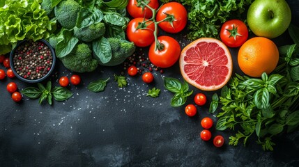 Top view of fresh kitchen ingredients on a modern black background surface. Healthy food banner on...