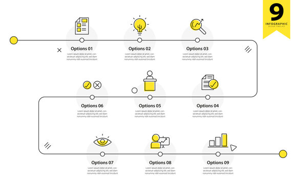 Infographic design template. Timeline concept with 9 options or steps template. layout, diagram, annual, report, presentation. Vector illustration.	