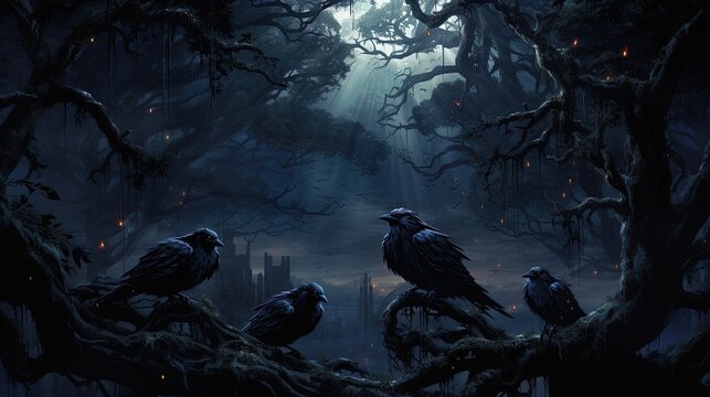 Illustration of many crows sitting on a tree branch in a dark forest, Halloween background with crows and scary forest.
