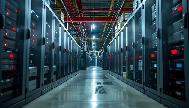 A long, narrow aisle in a data center, with rows of server racks on either side. The racks are filled with servers, and there are cables and other equipment on the floor.