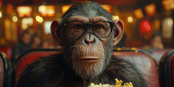 Monkey watching movie with popcorn sitting in armchair - Powered by Adobe