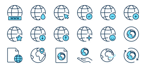Globe and earth color blue line icons set 2. World, web, global, sphere sign. Planet, map symbol. Isolated on a white background. Pixel perfect. Editable stroke. 64x64.