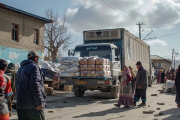 Naklejka premium Daily Life in a Rural Village: Locals, Truck, and Supplies Against a Rustic Background