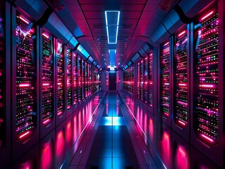 Fototapeta premium A futuristic data center with rows of servers and a glowing blue floor.