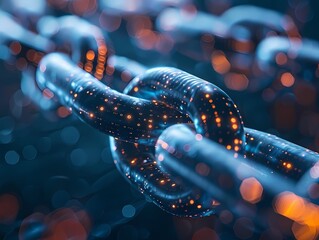 A glowing blue and orange chain link. The chain link is made of metal and has a shiny surface. The chain link is surrounded by a dark blue background.