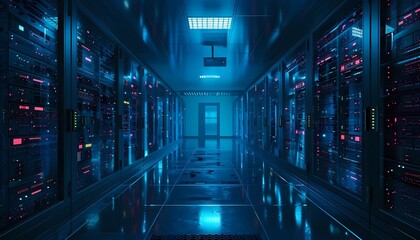 Obraz premium A dark and mysterious data center. The blue light of the servers is reflected on the floor. The air is cold and still. The only sound is the gentle hum of the machines.