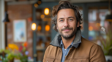 Fototapeta premium A man with a beard and brown jacket standing in front of a building.