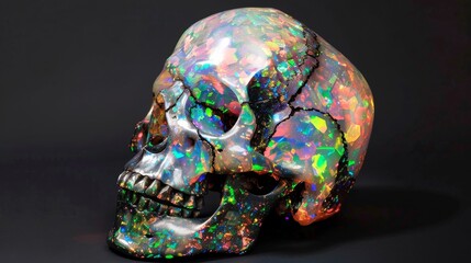 Iridescent Opal Skull on Rocky Surface
