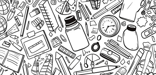 Black and white doodle background illustrating continuous line school supplies.