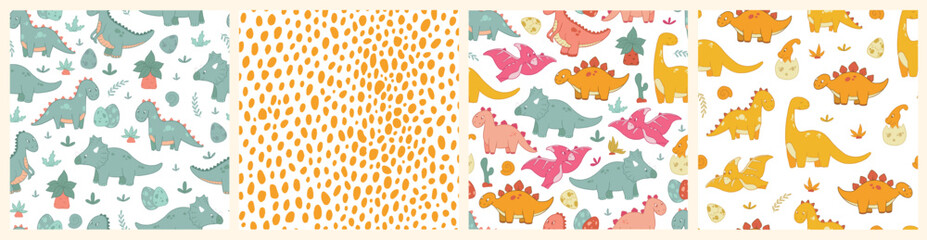 Dinosaurs seamless patterns collection with cute hand drawn elements for nursery textile prints, scrapbooking, wallpaper, wrappoing paper, etc. EPS 10