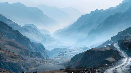 A photo of the Salang Pass, with rugged mountain paths as the background, during a foggy morning