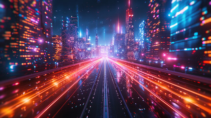 Fototapeta premium Neon light trails streak into a bustling city, showcasing the dynamic energy and technological innovation of urban life