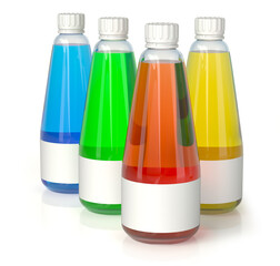 Plastic transparent bottles filled with colorful vibrant liquids. 3d illustration set on white background