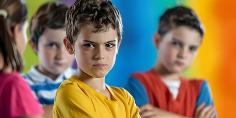 Students displaying bullying behavior towards a classmate from a schools perspective. Concept Bullying in Schools, Student Behavior, Classroom Dynamics, Negative Interactions, School Environment