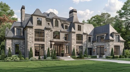 Fototapeta premium a cozy, modern European-style family home nestled amidst lush green grass in its yard, with a clean, neutral background highlighting the beauty of its natural surroundings.