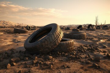 Rugged Tires on dirt field. Pile of vehicle used rubber wheels. Generate ai