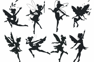 Cartoon magic fairy tale little fairies silhouettes. Magical little fairies girls flying with butterflies illustration set. Fantasy pixie creatures.