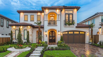 a cozy, modern European-style family home nestled amidst lush green grass in its yard, with a clean, neutral background highlighting the beauty of its natural surroundings.