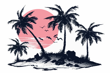 Tropical beach set with palm trees and sunset. Vector illustration