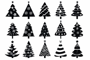 Collection set icons Christmas trees isolated on transparent background, Vector illustration, Festive Holiday, posters, cards or for web
