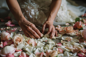 a florist's hands arranging delicate petals into a bridal bouquet