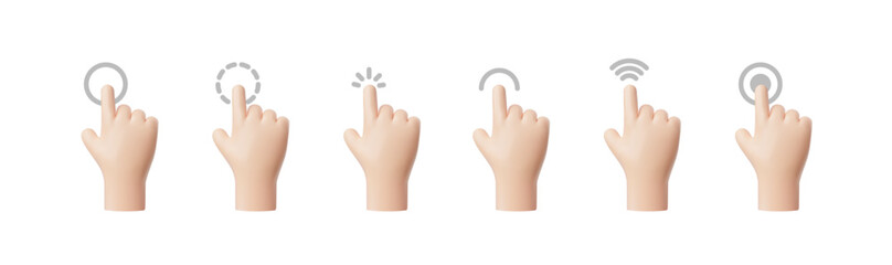 3D hand pointing forefinger gesture vector icons set, various types of touch or click cursor, tap screen, choose button