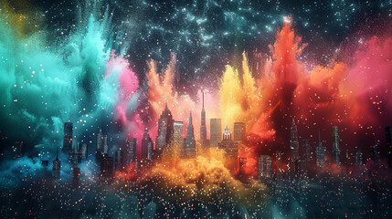 Explosion of colored powder background visualizing a futuristic cityscape
