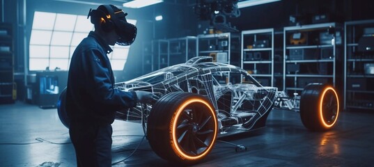 Sustainable Industrial Design: Portrait of Modern Automotive Engineer Using Augmented Reality to Construct 3D Hologram Model of High-Tech Electric Car. Automated Vehicle Manufacturing Facility