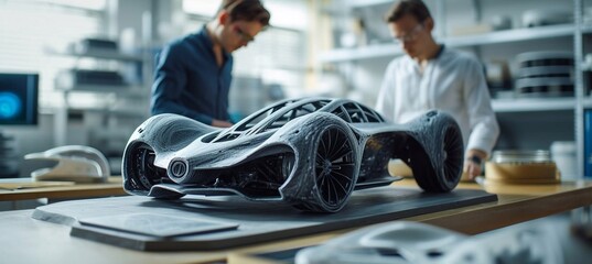 Sustainable Industrial Design: Portrait of Modern Automotive Engineer Using Augmented Reality to Construct 3D Hologram Model of High-Tech Electric Car. Automated Vehicle Manufacturing Facility
