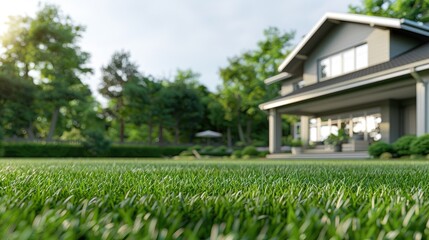 Fototapeta premium a cozy, modern European-style family home nestled amidst lush green grass in its yard, with a clean, neutral background highlighting the beauty of its natural surroundings.
