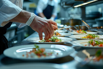a chef's hands plating food in a restaurant kitchen