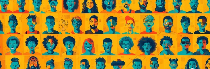 A vibrant and colorful collage of hundreds of smiling people from different ethnicities, each person represented