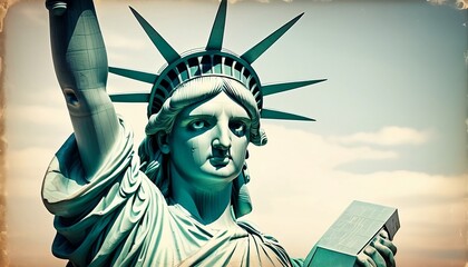 Obraz premium Close up of the statue of liberty, New York City, vintage process memorial day, independence day 4th july created with generative ai 